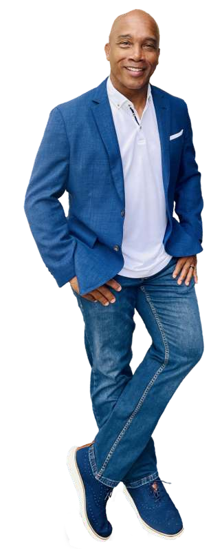 Kevin Jackson in jeans and a blue jacket