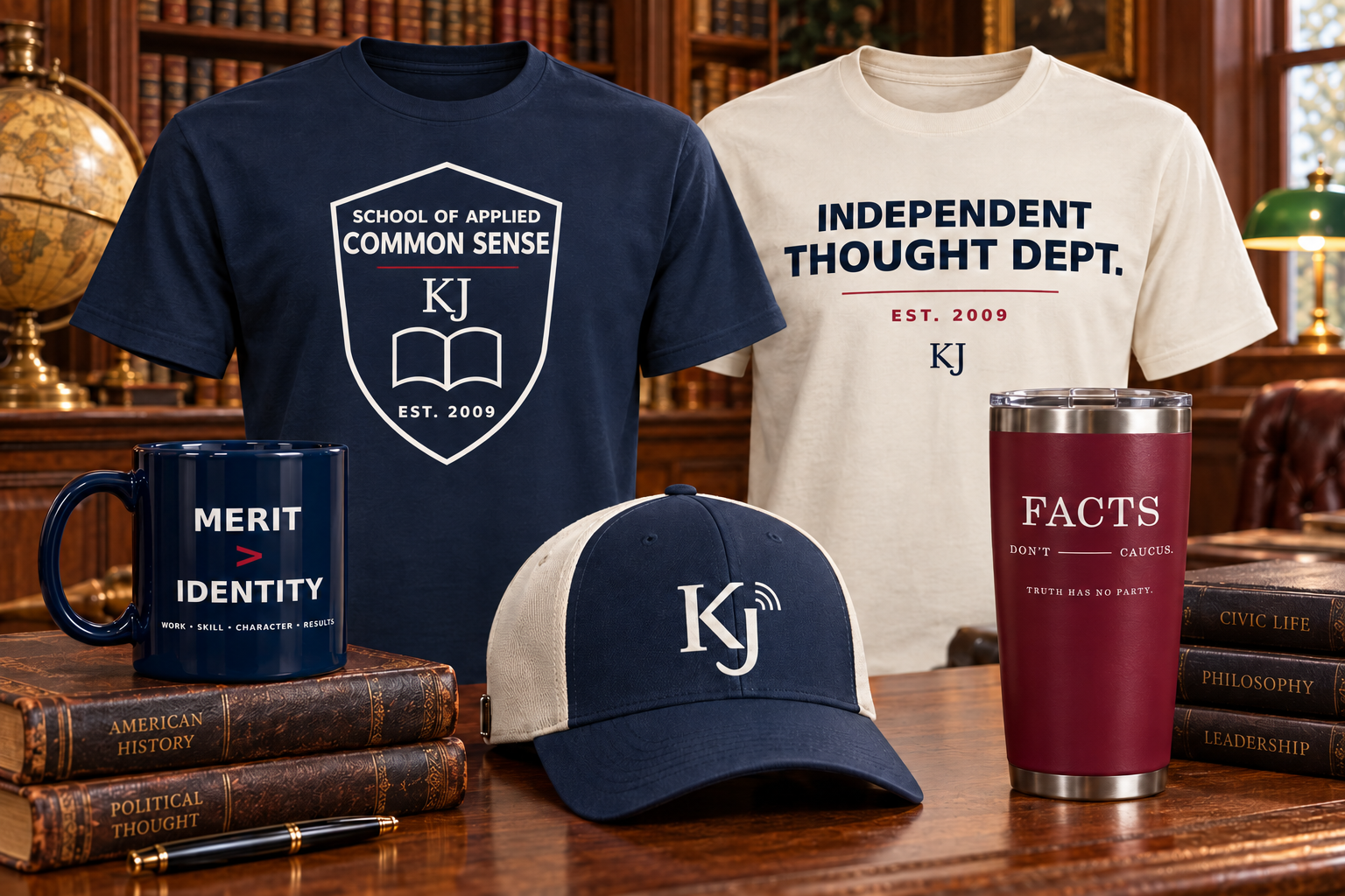 KJ School of Applied Common Sense apparel, cap, mug and tumbler