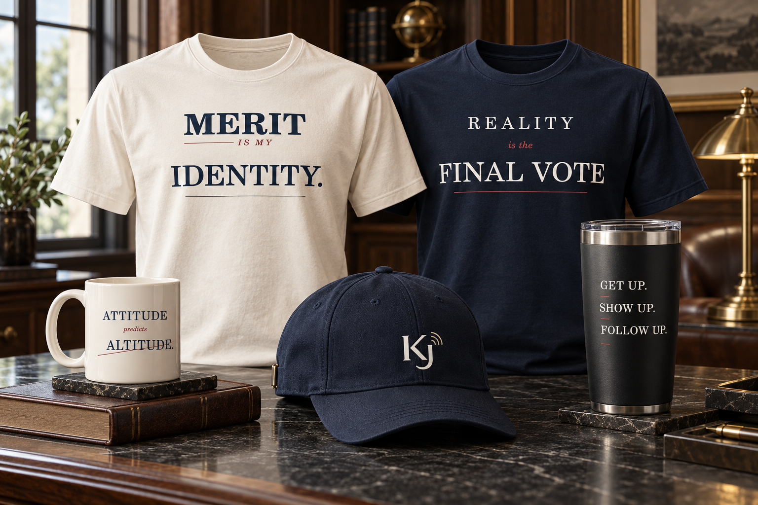 KJ merit, reality and attitude apparel and drinkware